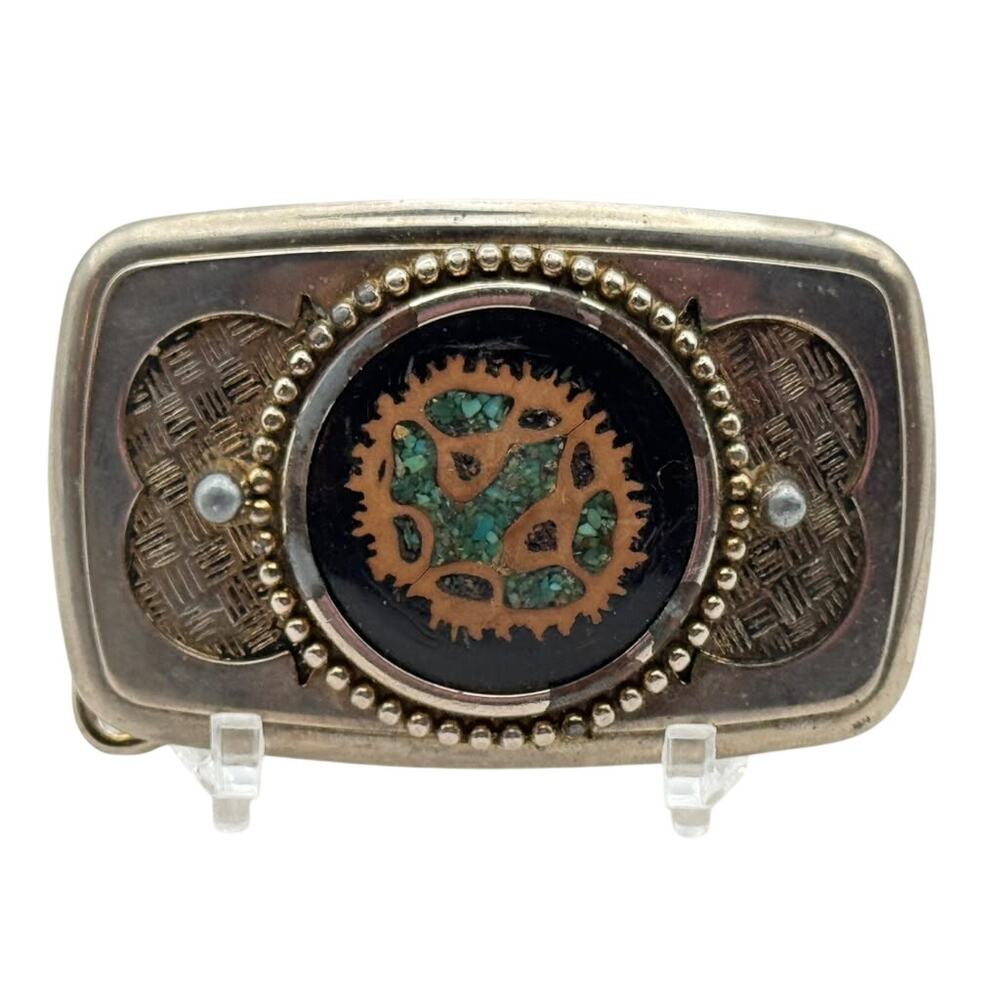 Vintage Southwestern Turquoise Chip Inlay Sunburst Belt Buckle Mixed Metal
